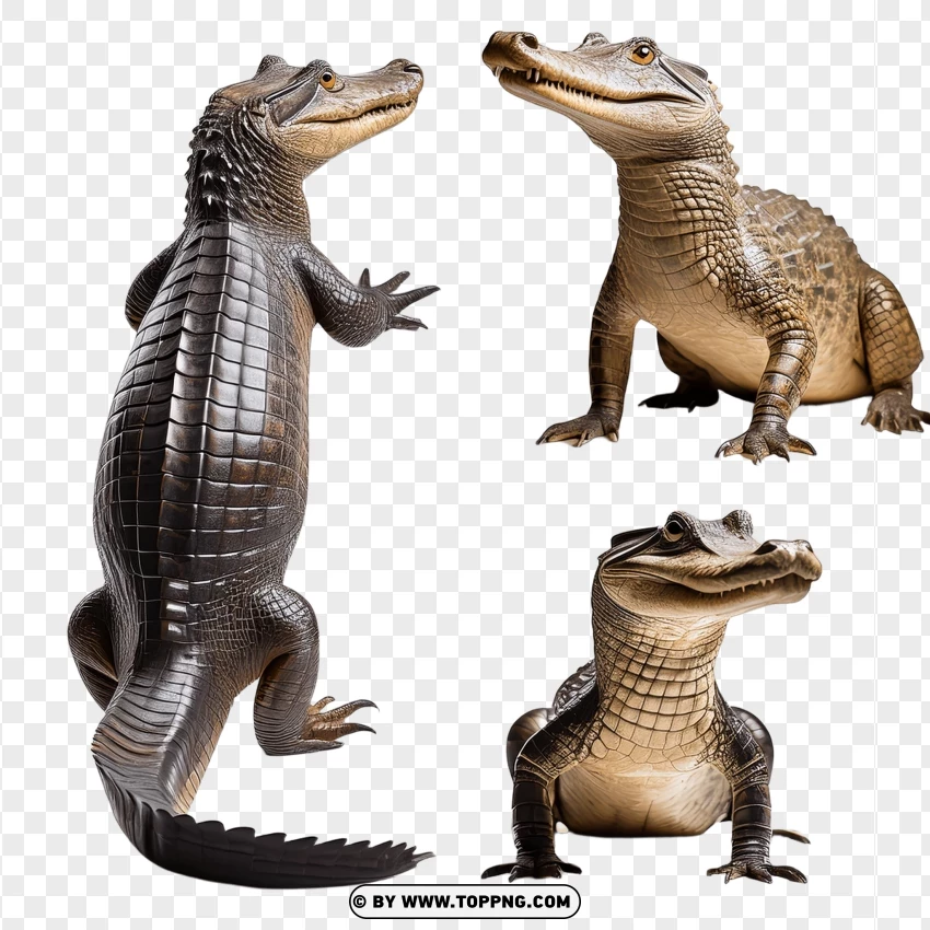 Two Caimans Standing And Sitting In Wildlife Setting PNG Transparent Background