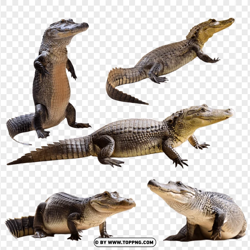 Caimans In Various Natural Poses And Sizes PNG Transparent Background