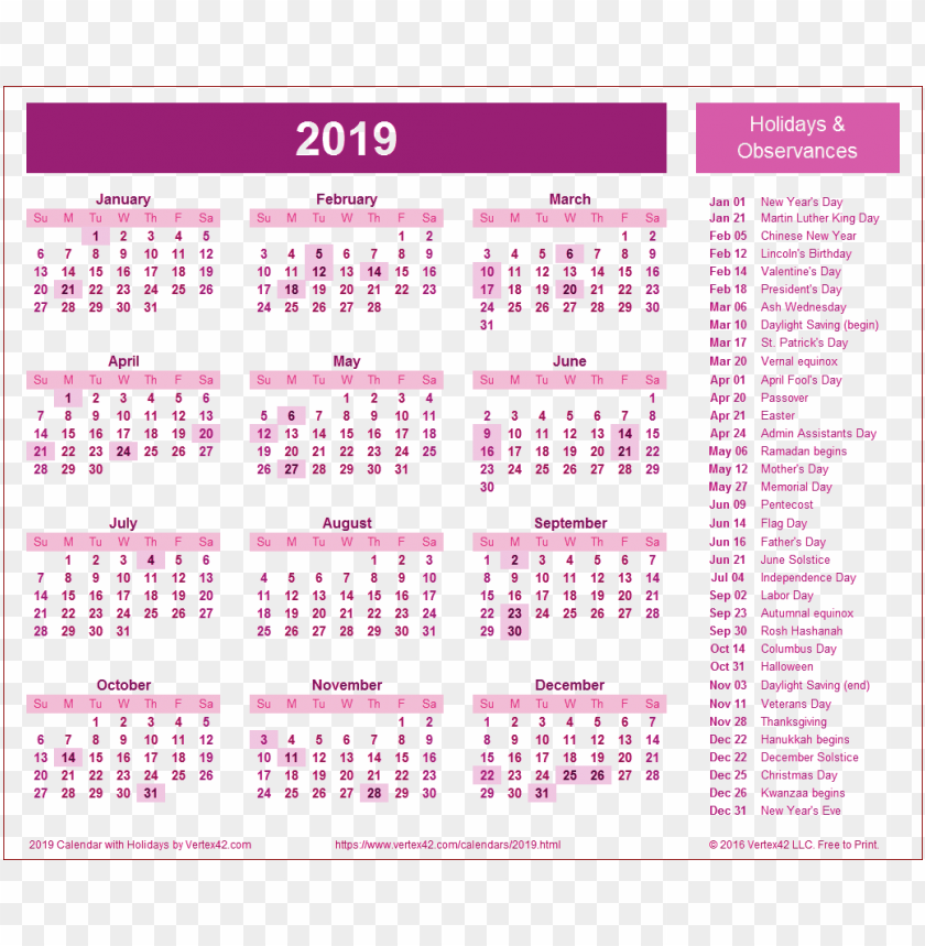 calendar 2019 pink png png images background -  image ID is 37997