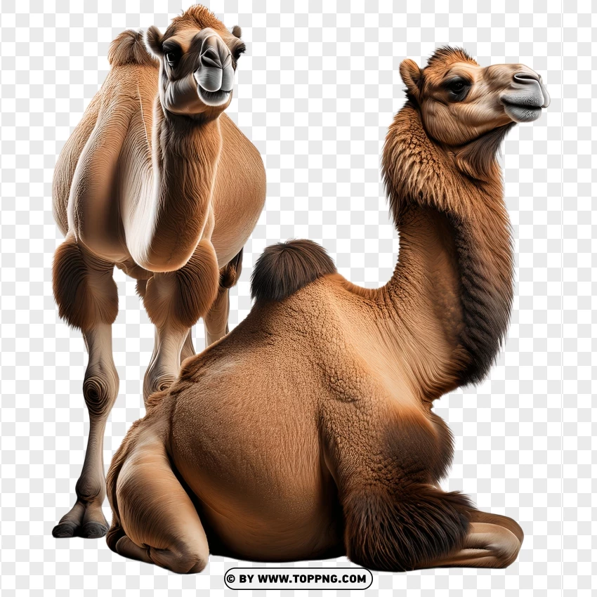 Pair Of Camels Relaxing In A Desert Setting PNG Transparent Background
