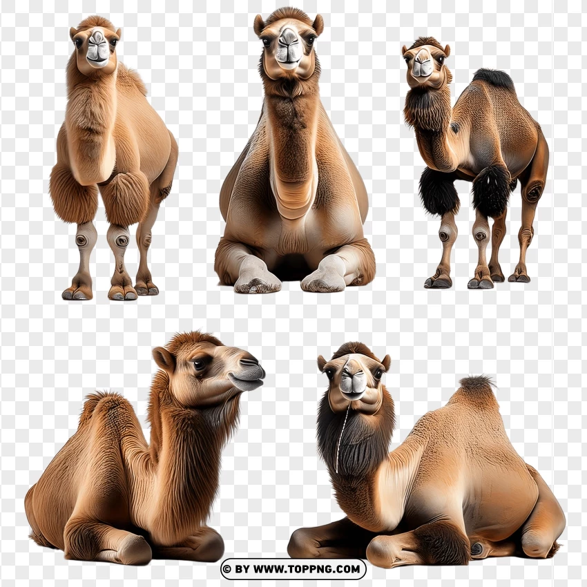 Group Of Camels Sitting And Standing In Natural Poses PNG Transparent Background