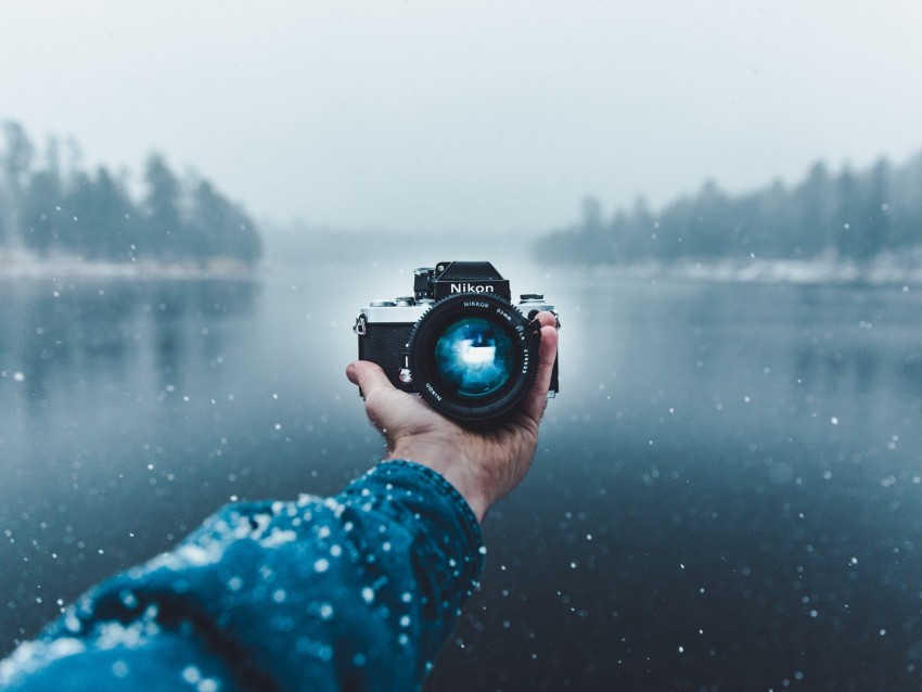 camera, hand, snow, lens