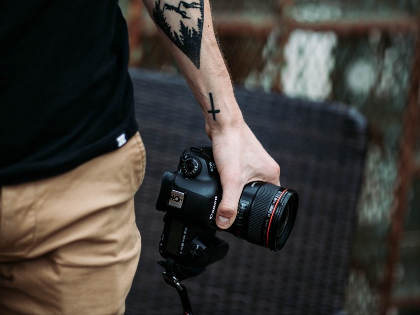 camera, hand, tattoo, photographer