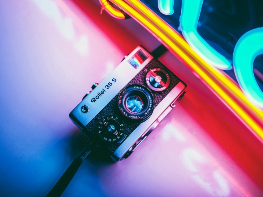 camera, neon, retro, light, colorful