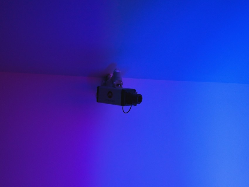 camera, surveillance, wall, blue, minimalism