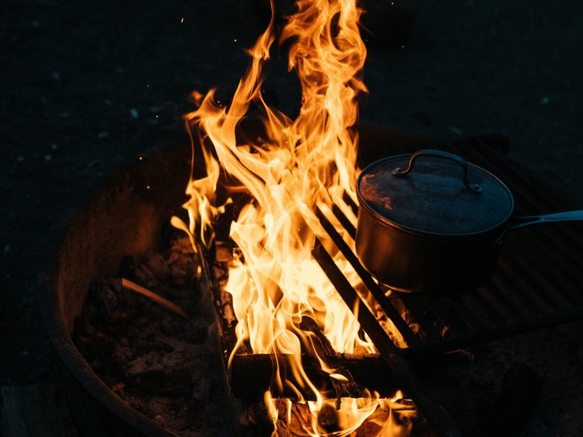 campfire, camping, fire, dishes, night