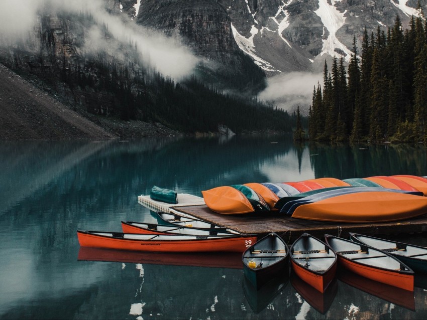 canoe, boats, lake, pier, mountains
