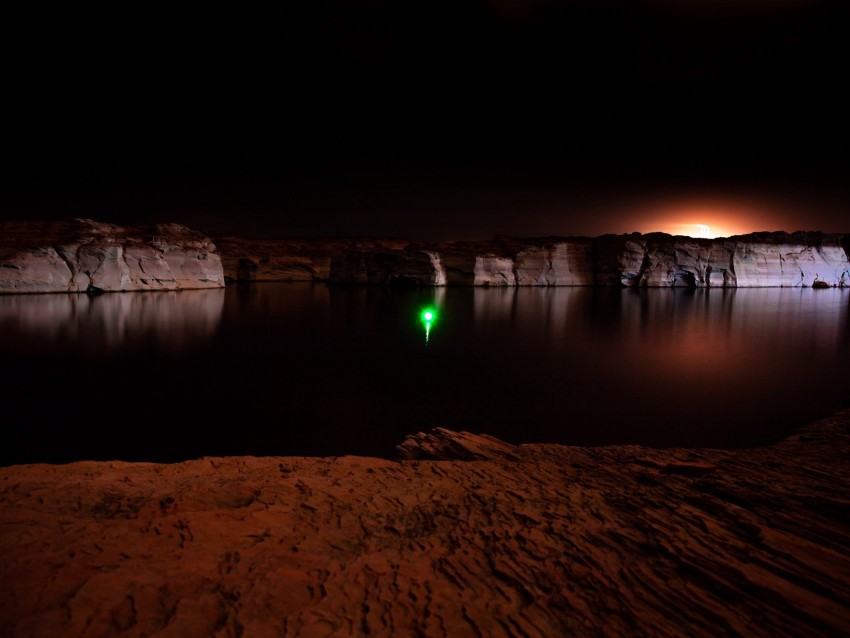 canyon, lake, light, reflection, night