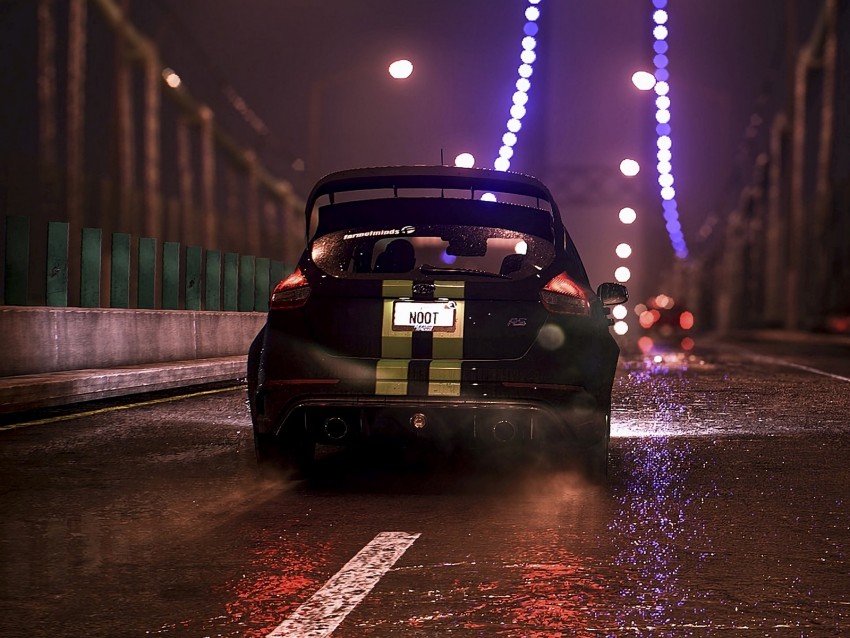 car, bridge, night, art, rain