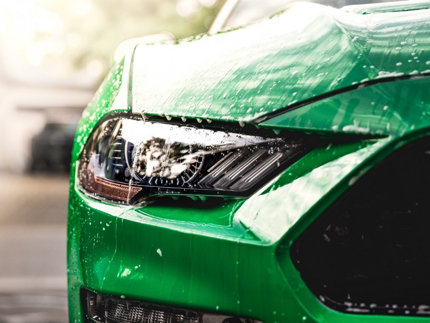 car, green, wet, headlight, front view