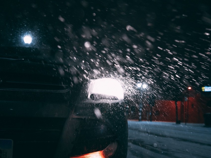 car, headlights, rear view, snow, night