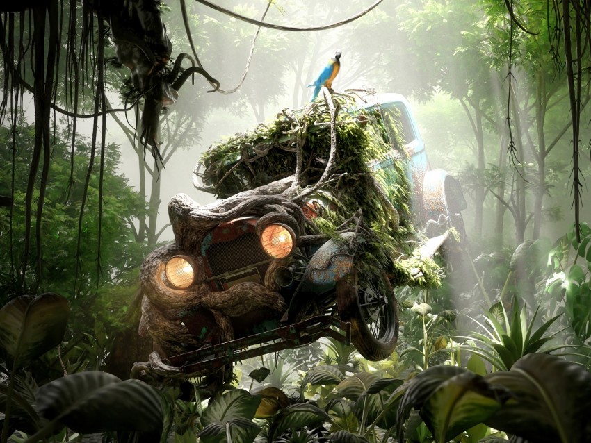 car, jungle, parrot, old, abandoned