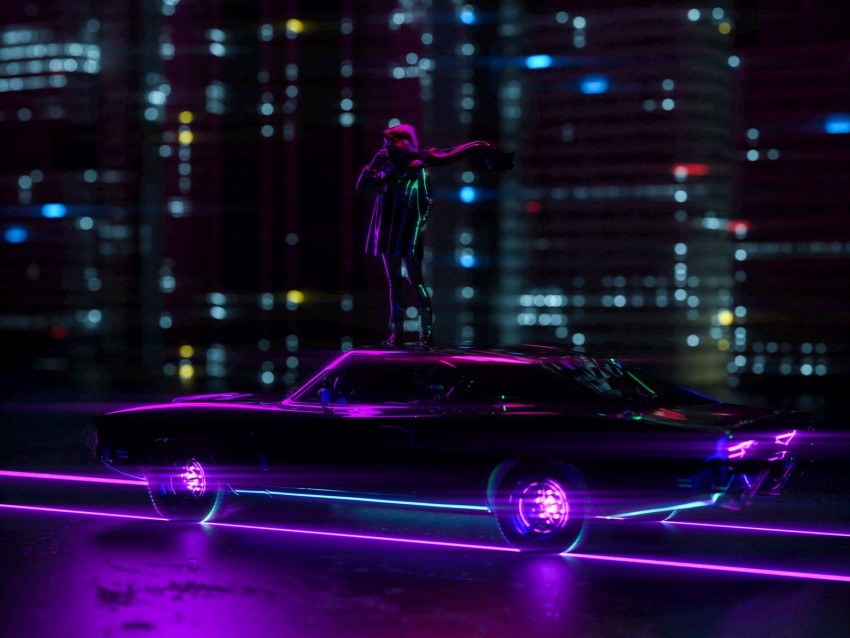 car, neon, movement, silhouette, art