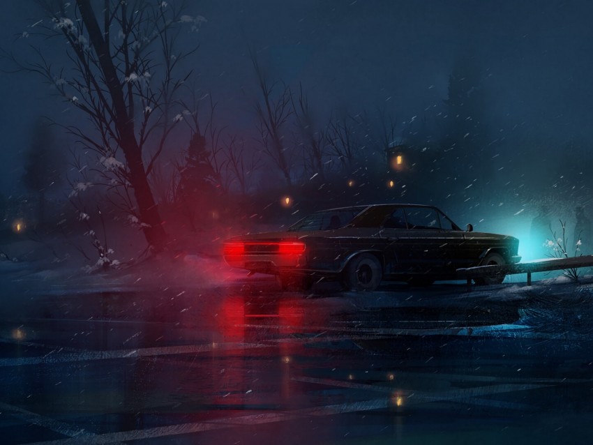 car, night, snow, light
