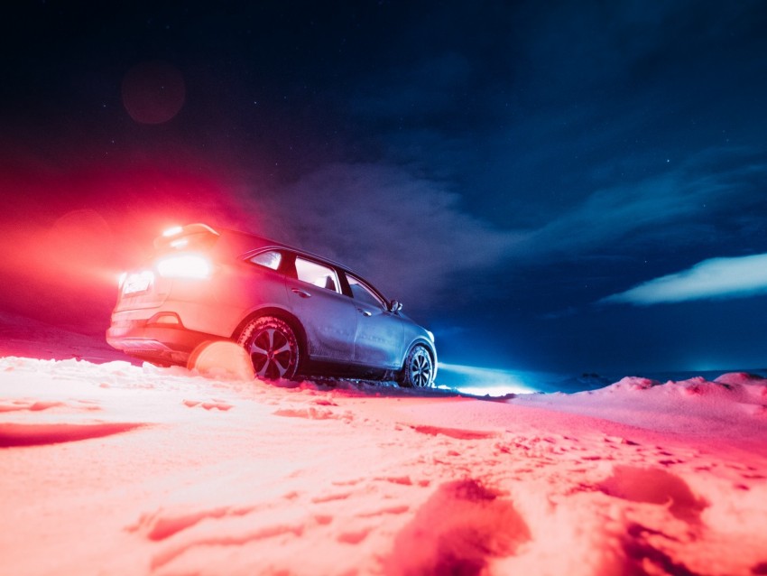 car, night, snow, starry sky