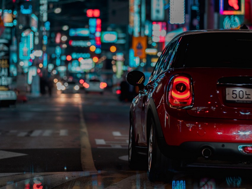 car, red, night city, street, lights