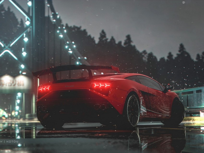 car, red, sports car, side view, lights, wet