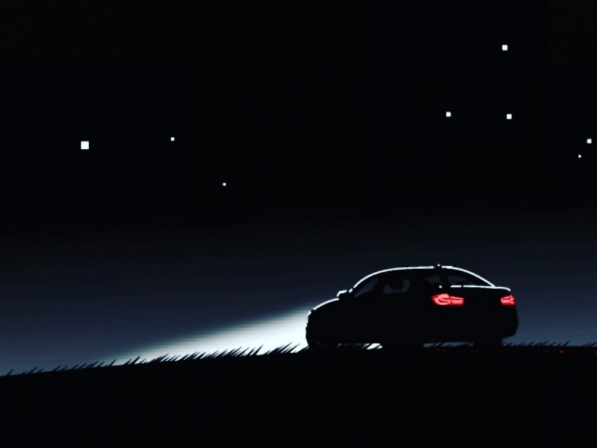 car, silhouette, art, night, lights, sky