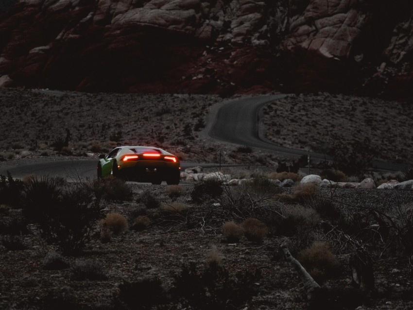 car, sports car, mountains, lights, relief, rocks