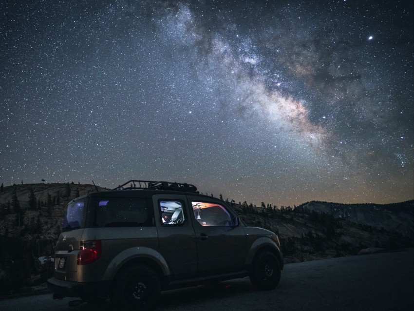 car, suv, night, mountains, starry sky