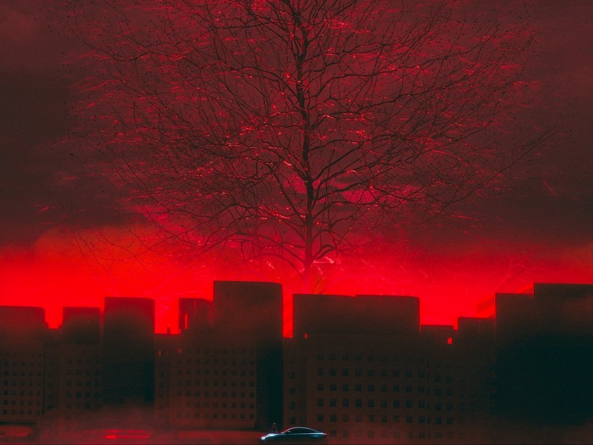 car, tree, art, red, futurism, sci-fi