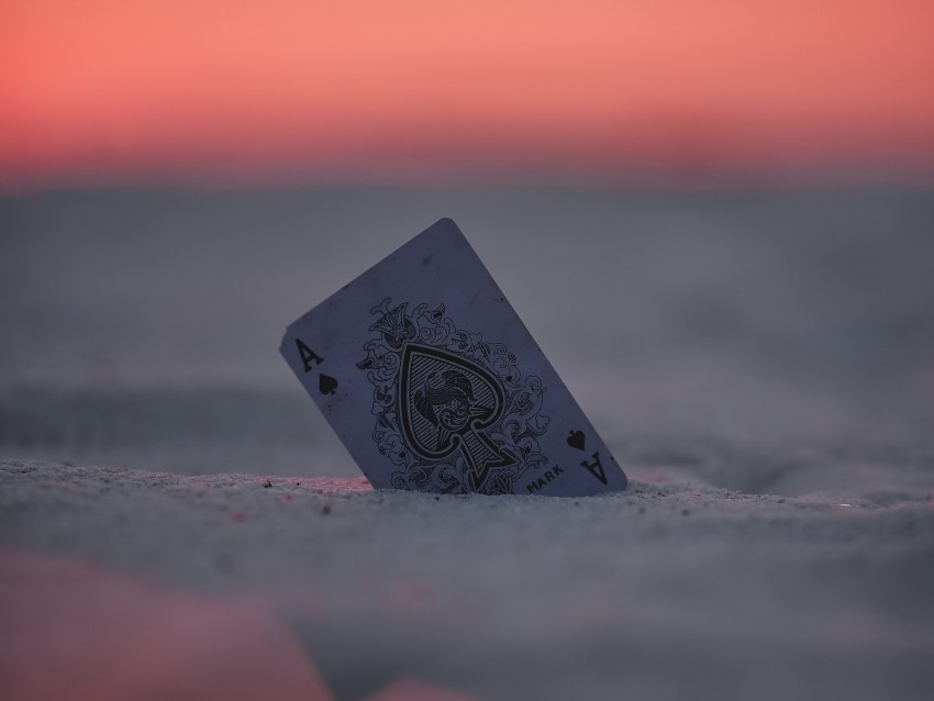card, ace, sand, sunset, closeup