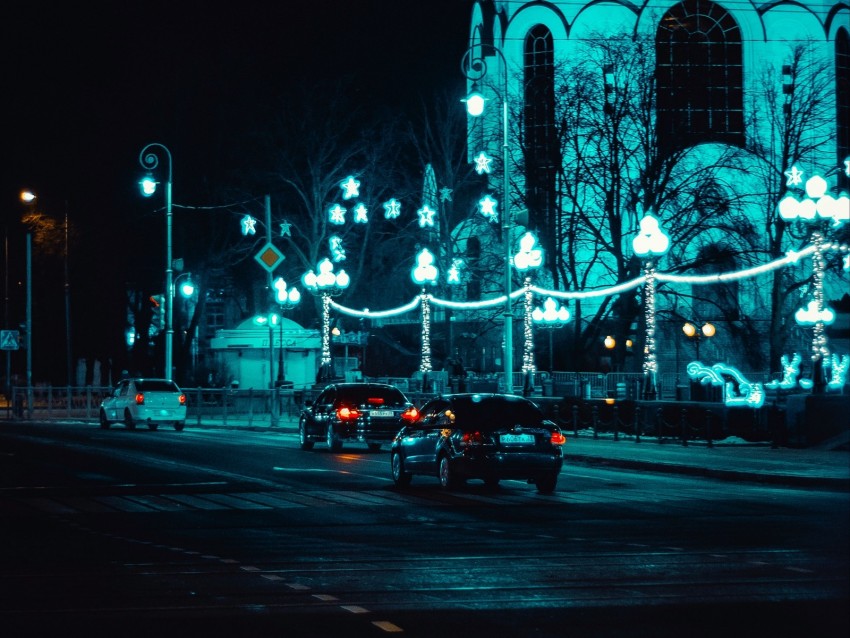 cars, night city, traffic, lighting, street