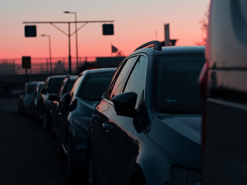 cars, sunset, traffic, sky