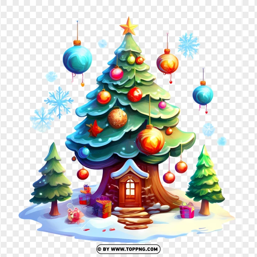 Christmas Tree With Baubles And Snowy Decorations PNG Transparent Background