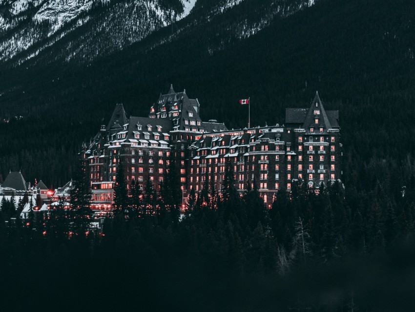 castle, mountains, trees, snow, winter, canada