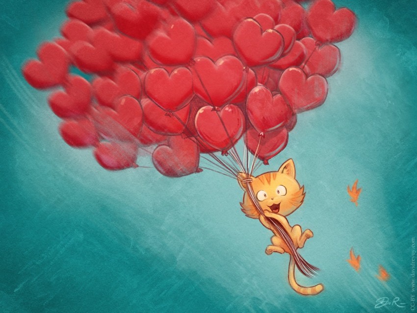 cat, balloons, hearts, flight, sky, art