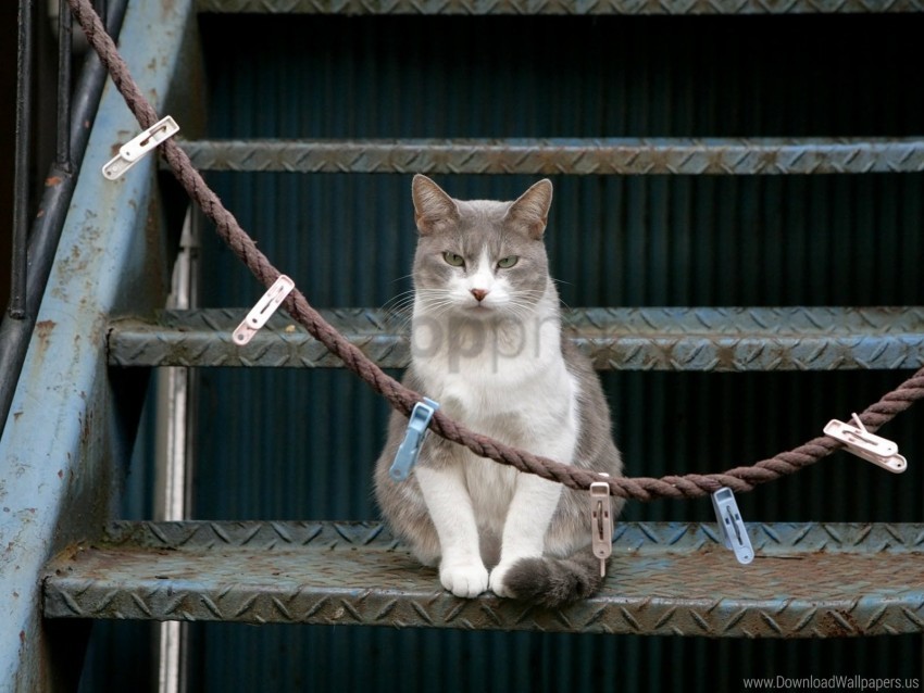 Cat Clothespins Sit Stairs Wallpaper Background Best Stock Photos