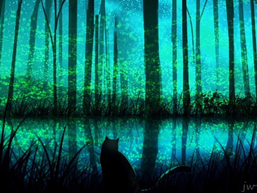 cat, forest, lake, night, art