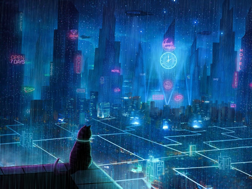 cat, roof, city, neon lights, metropolis, future, cyberpunk