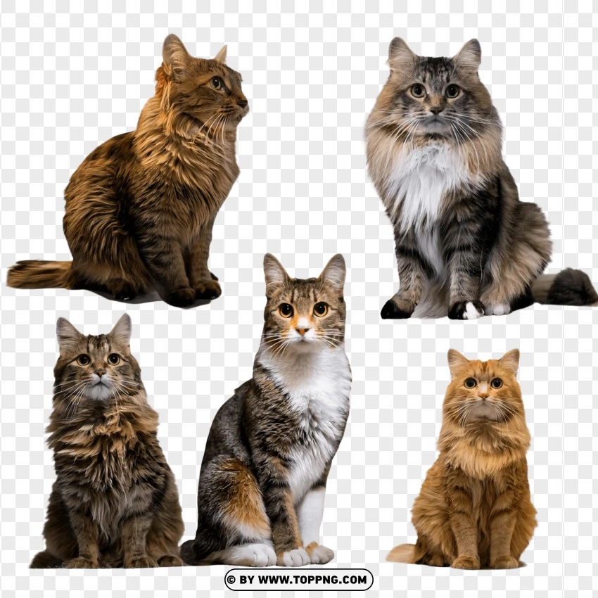 Four Cats Sitting In Natural Poses PNG Transparent Background