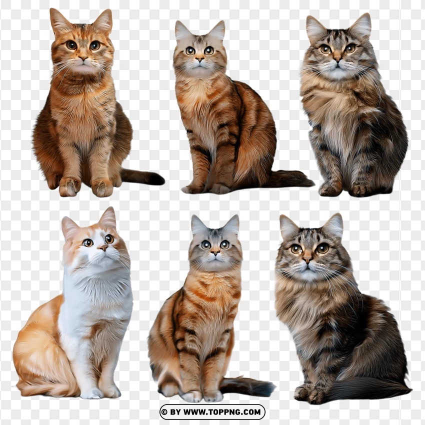 Different Breeds Of Cats In Sitting Positions PNG Transparent Background