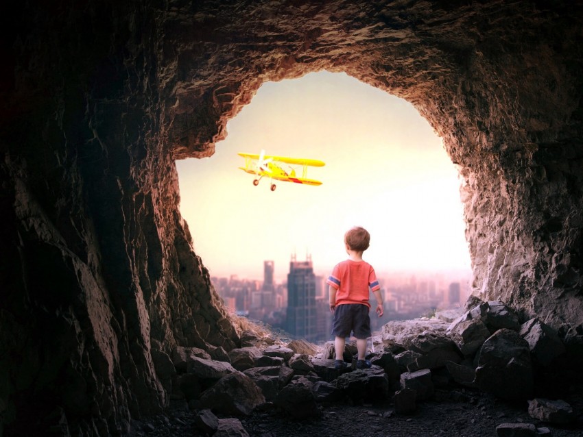 cave, child, plane, city, view