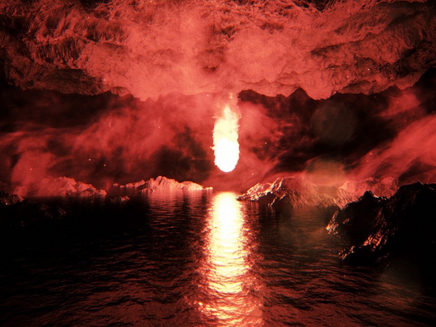 cave, fireball, reflection, water, blazing, bright