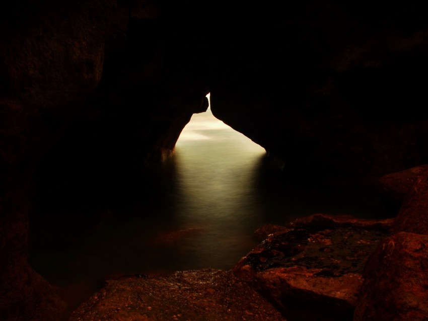 cave, gorge, water, light, dark