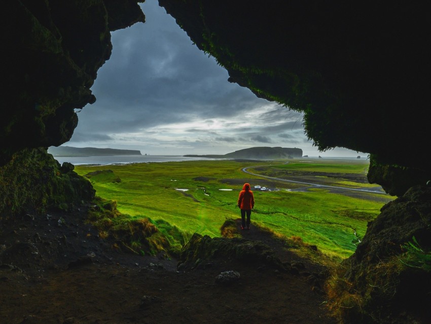 cave, man, landscape, coast, greenery