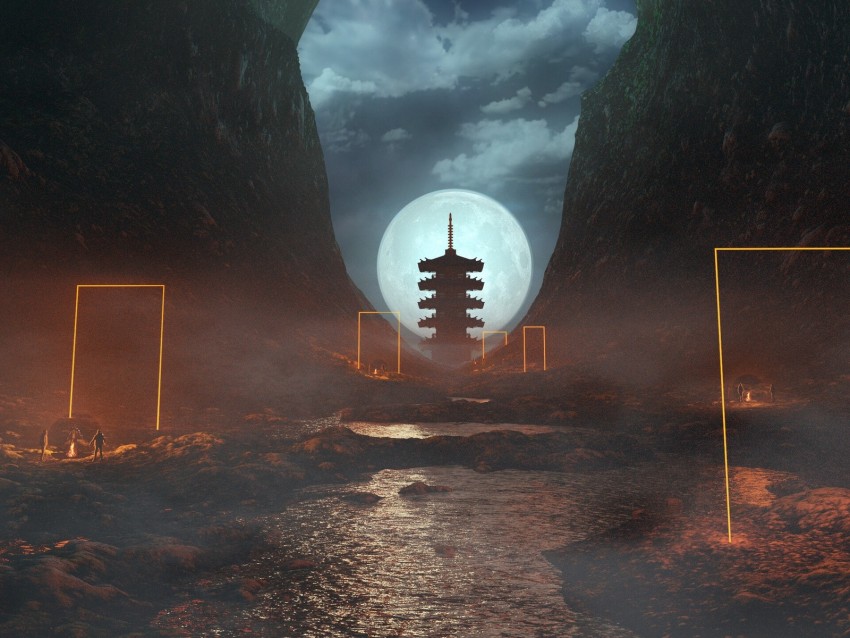 cave, pagoda, moon, night, fog