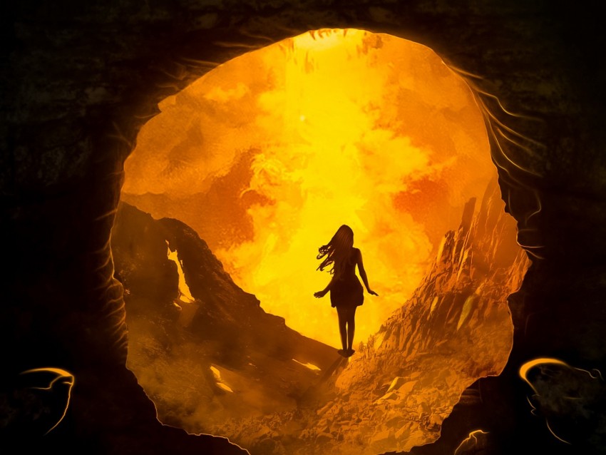 cave, silhouette, fire, flash, dark, entrance
