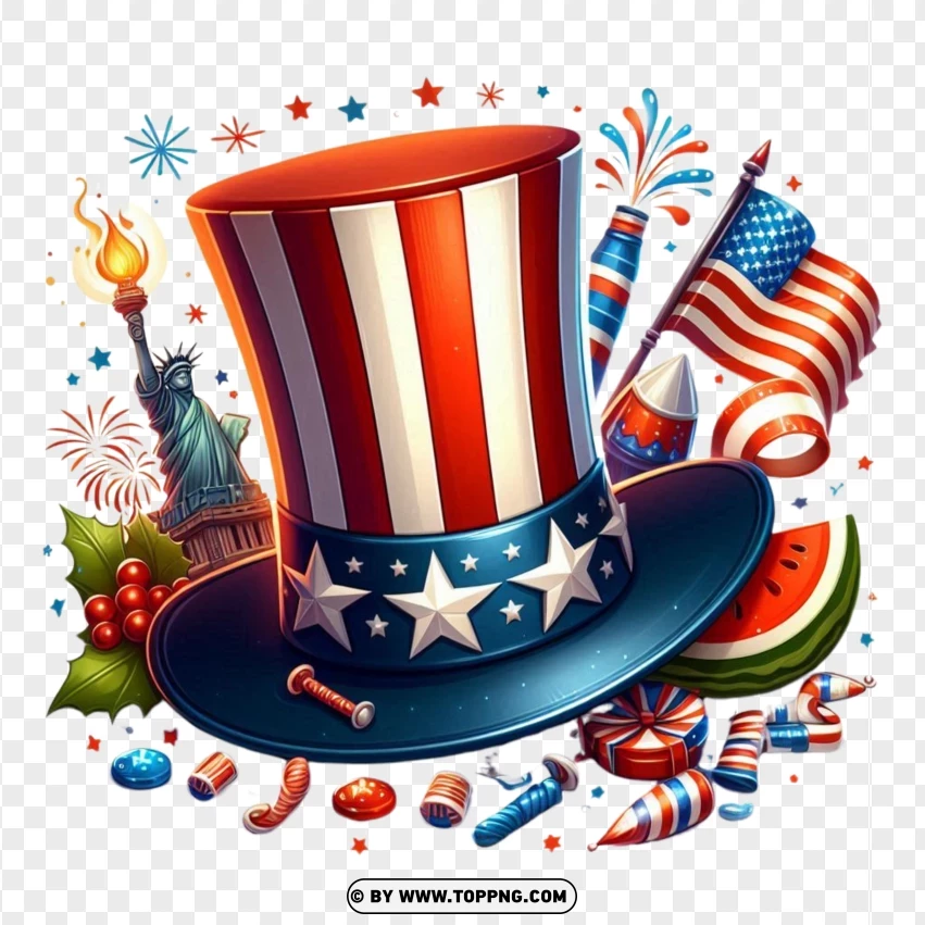 Celebratory 4th Of July Hat With Fireworks And Usa Decorations PNG Transparent Background