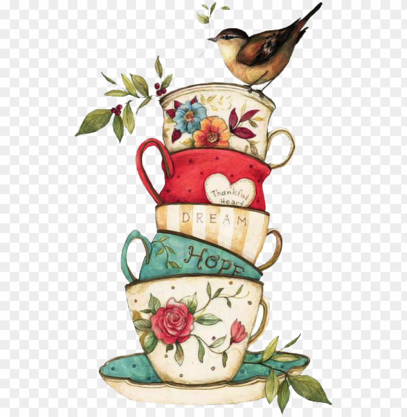         Whimsical Art, Cute Illustration, - Vintage Tea Cup PNG Image With Transparent Background