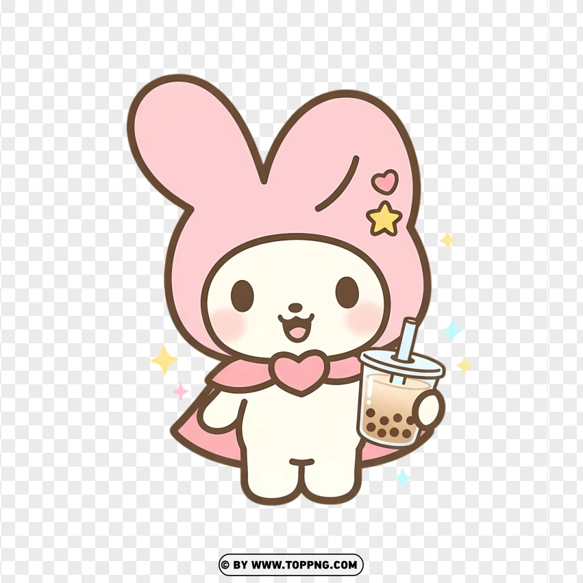 Cheerful pastel bunny holding boba tea with sparkly accents