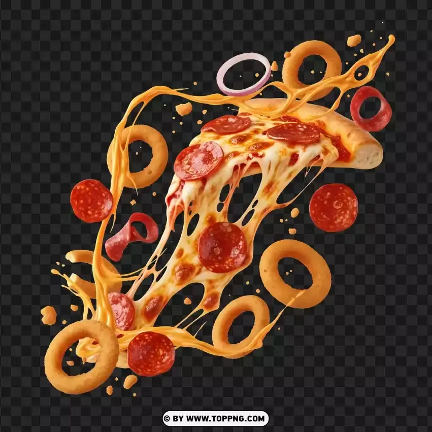 Cheesy Pizza Slice With Crispy Onion Topping PNG Transparent Background