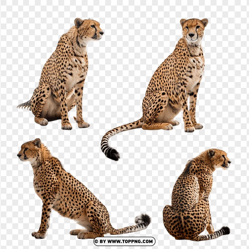 Group Of Cheetahs In Sitting And Walking Poses PNG Transparent Background