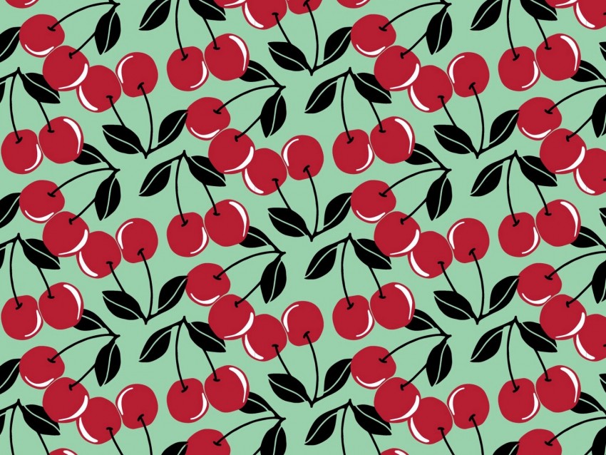 cherries, berries, fruits, red, leaves, scapes, pattern