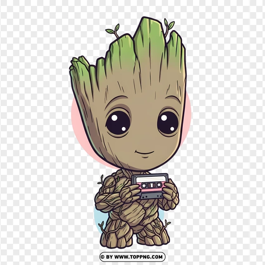 Chibi Baby Groot With Cassette Tape Cartoon Design PNG Transparent Background