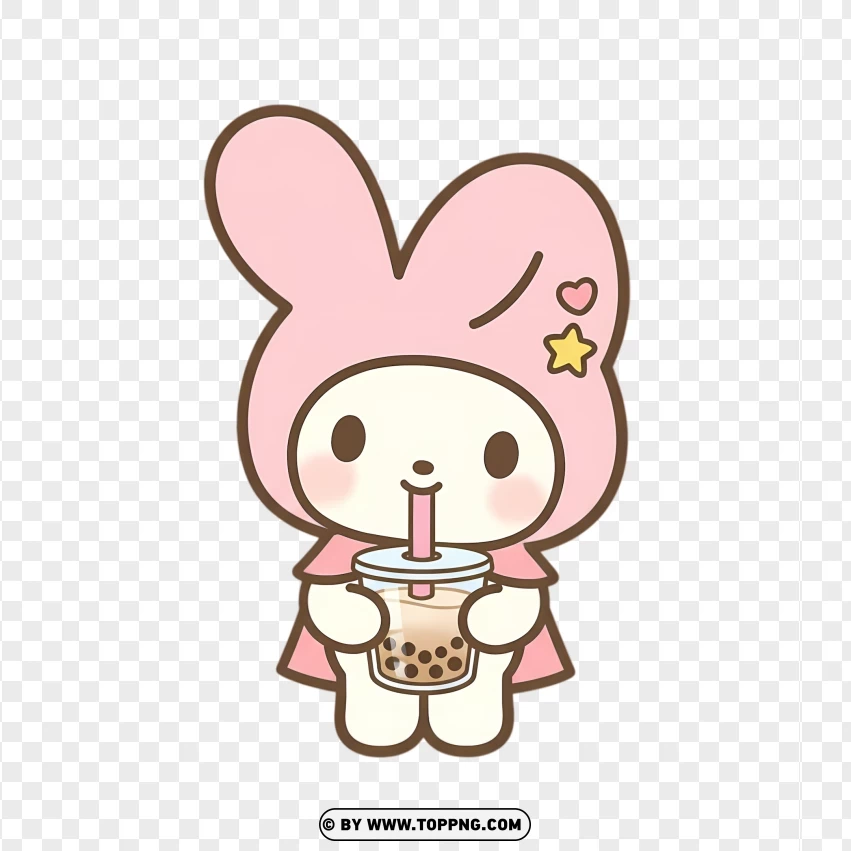 Chibi bunny holding boba drink in cute pastel style